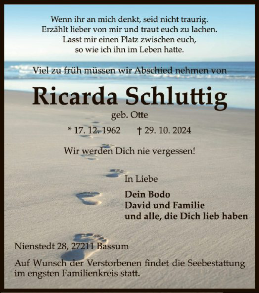  Traueranzeige für Ricarda Schluttig vom 06.11.2024 aus SYK