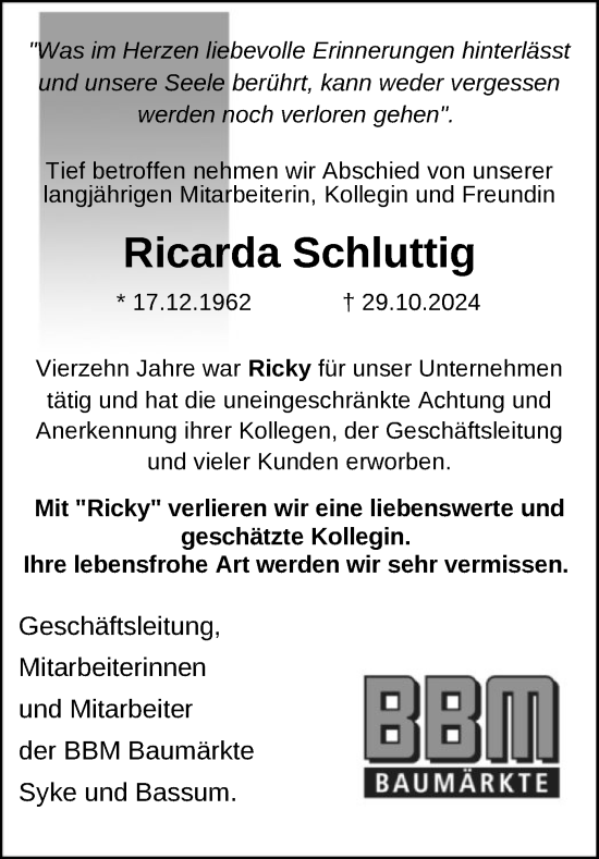 Traueranzeige von Ricarda Schluttig von SYK