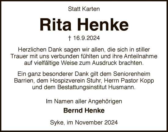 Traueranzeige von Rita Henke von SYK