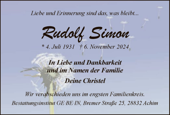 Traueranzeige von Rudolf Simon von SYK