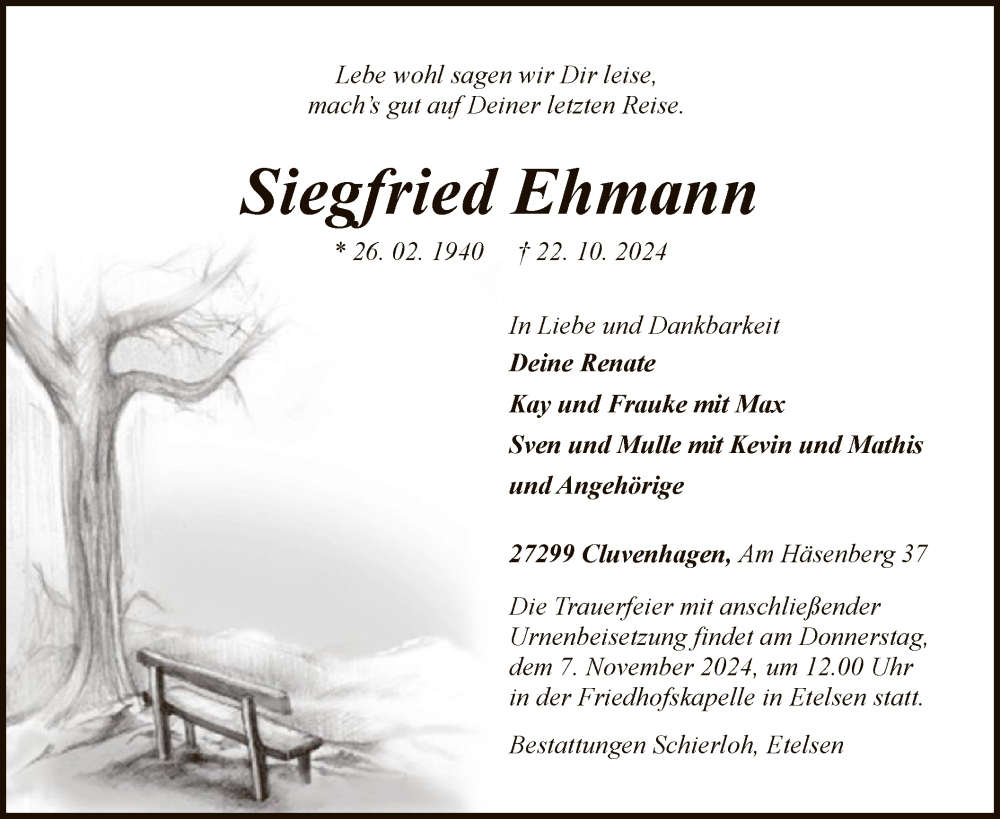  Traueranzeige für Siegfried Ehmann vom 02.11.2024 aus SYK