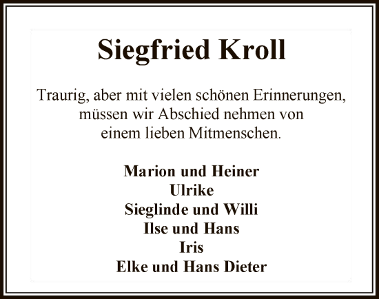 Traueranzeige von Siegfried Kroll von SYK