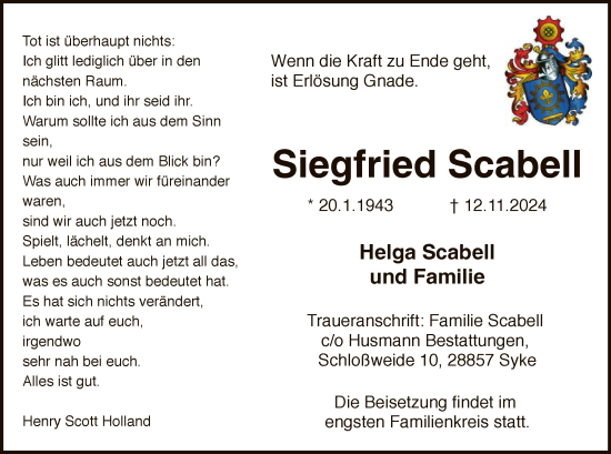 Traueranzeige von Siegfried Scabell von SYK