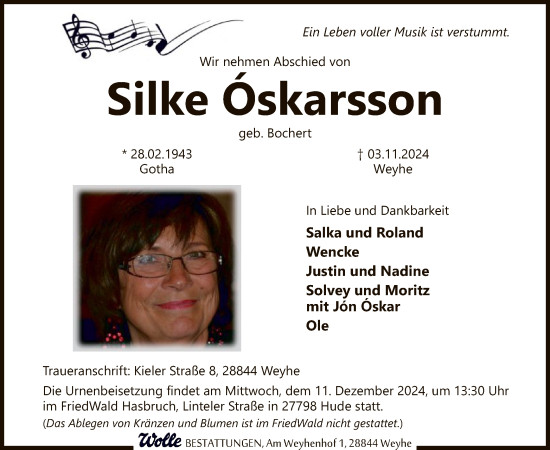 Traueranzeige von Silke Oskarsson von SYKSYK