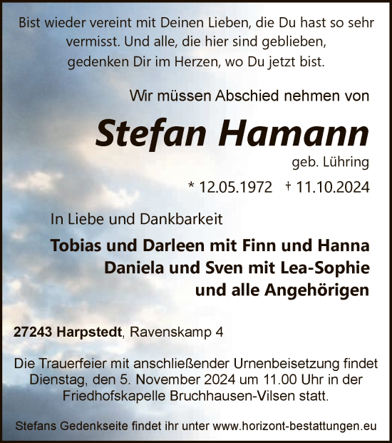 Traueranzeige von Stefan Hamann von SYK