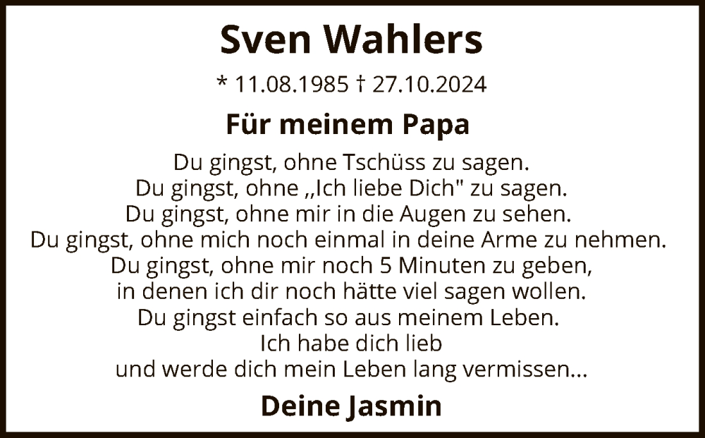  Traueranzeige für Sven Wahlers vom 02.11.2024 aus SYK