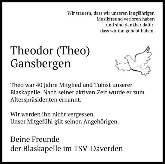 Traueranzeige von Theodor Gansbergen von SYK