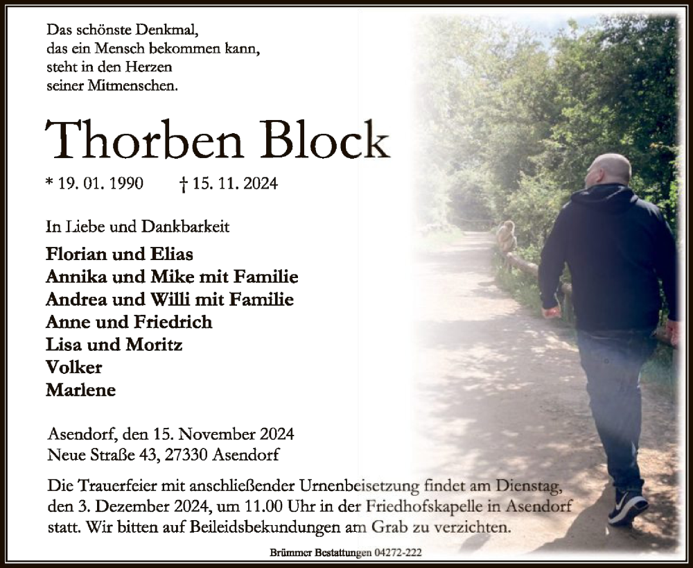  Traueranzeige für Thorben Block vom 23.11.2024 aus SYK