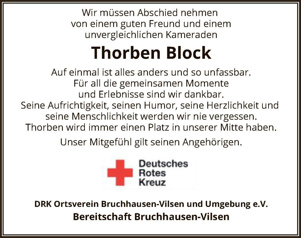  Traueranzeige für Thorben Block vom 23.11.2024 aus SYK
