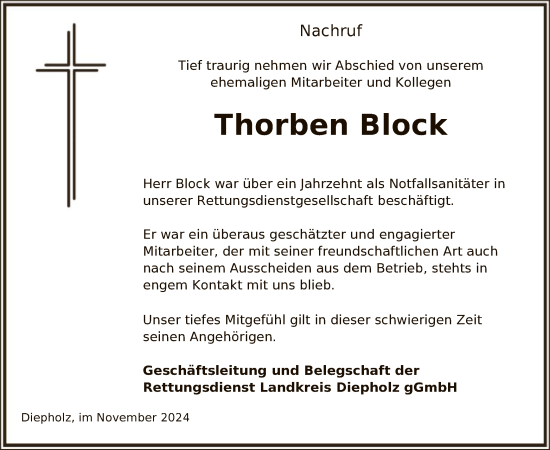 Traueranzeige von Thorben Block von SYK