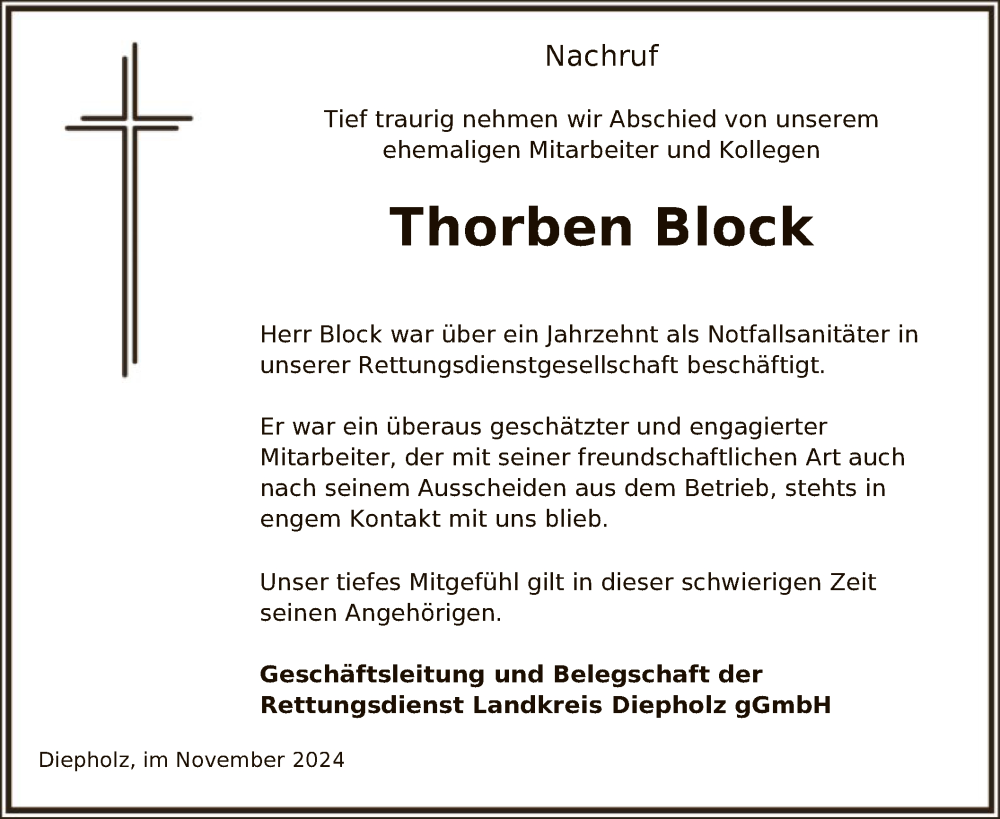  Traueranzeige für Thorben Block vom 23.11.2024 aus SYK