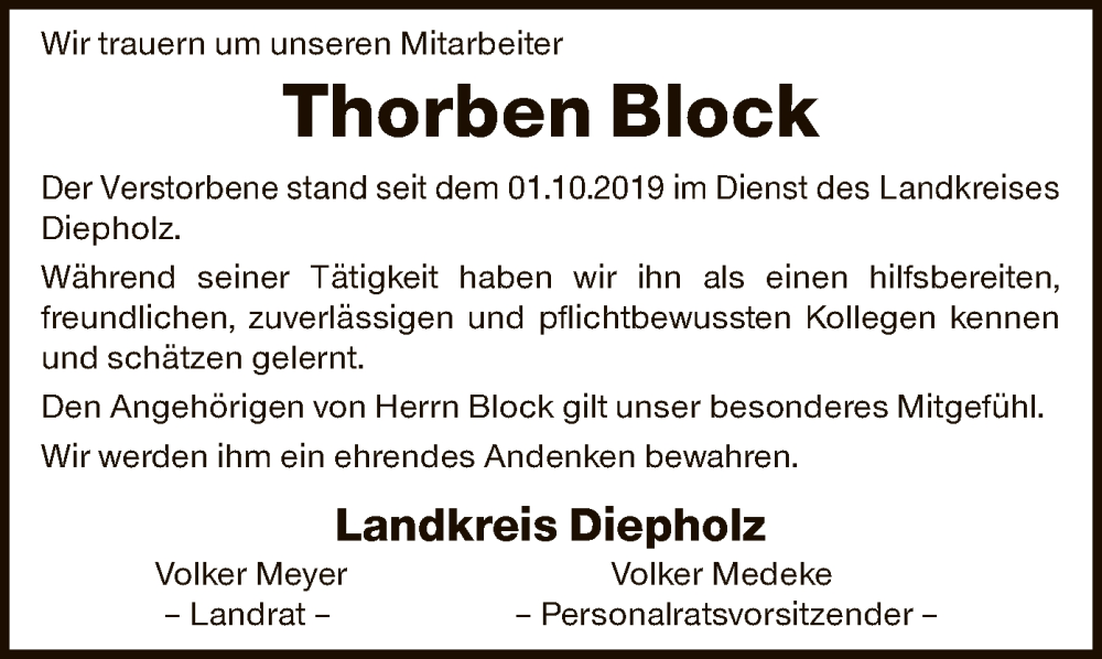  Traueranzeige für Thorben Block vom 26.11.2024 aus SYKSYK