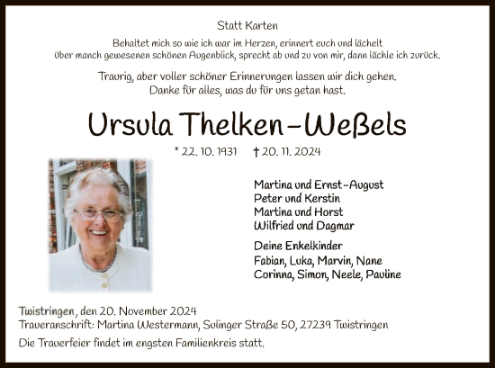 Traueranzeige von Ursula Thelken-Weßels von SYK