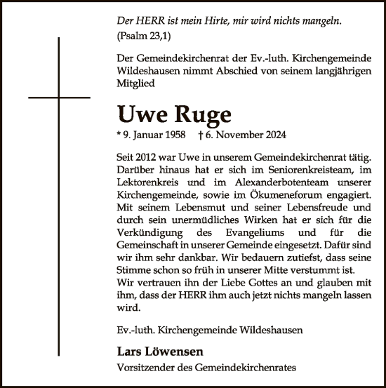 Traueranzeige von Uwe Ruge von SYK