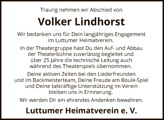 Traueranzeige von Volker Lindhorst von SYK