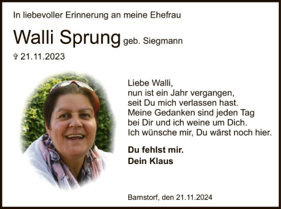 Traueranzeige von Walli Sprung von SYK