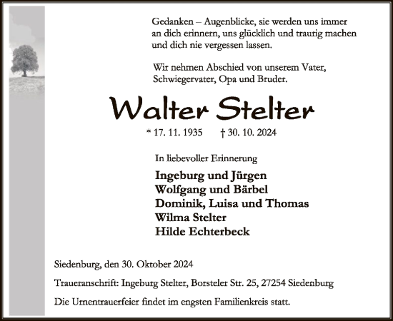 Traueranzeige von Walter Stelter von SYK