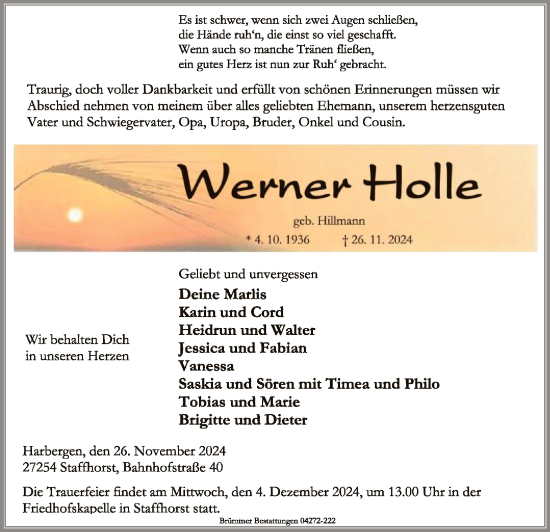 Traueranzeige von Werner Holle von SYK