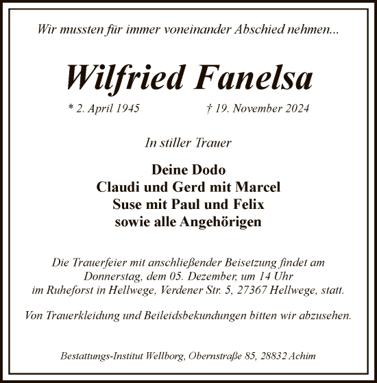 Traueranzeige von Wilfried Fanelsa von SYK