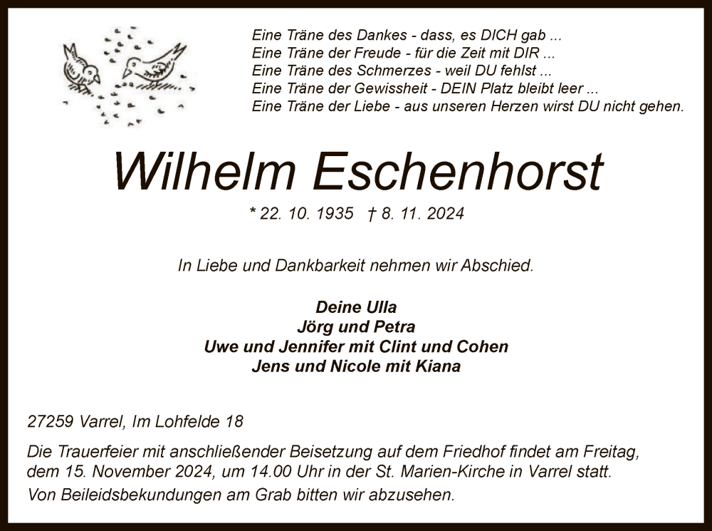  Traueranzeige für Wilhelm Eschenhorst vom 12.11.2024 aus SYK