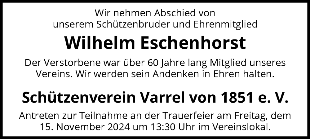  Traueranzeige für Wilhelm Eschenhorst vom 14.11.2024 aus SYK