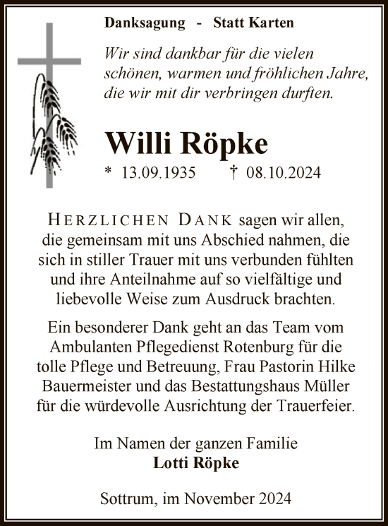 Traueranzeige von Willi Röpke von SYK