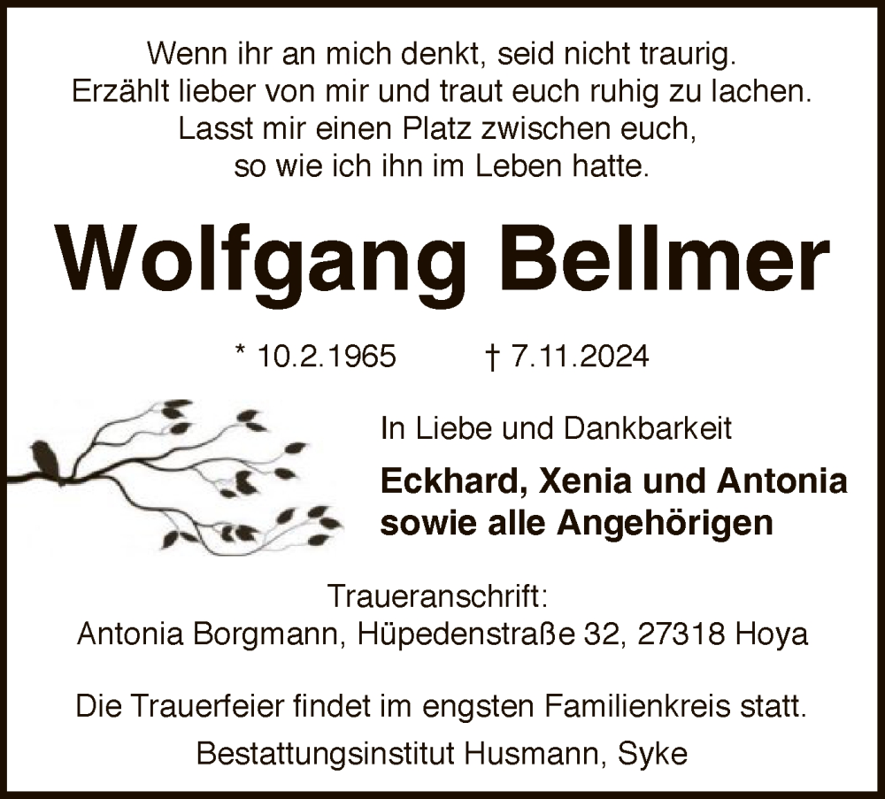  Traueranzeige für Wolfgang Bellmer vom 16.11.2024 aus SYK