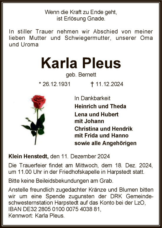 Traueranzeige von Karla Pleus von SYKSYK