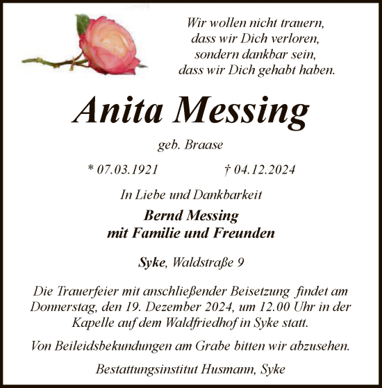 Traueranzeige von Anita Messing von SYK