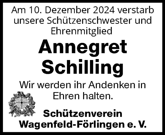 Traueranzeige von Annegret Schilling von SYK