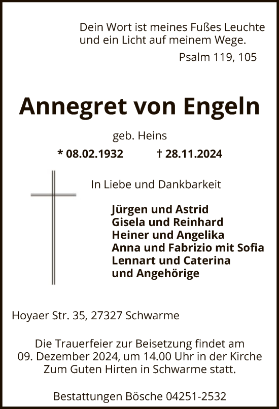 Traueranzeige von Annegret von Engeln von SYK