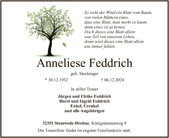 Traueranzeige von Anneliese Feddrich von SYK