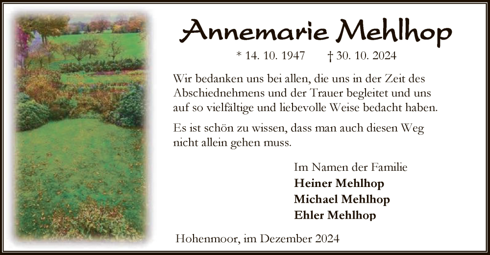  Traueranzeige für Annemaire Mehlhop vom 21.12.2024 aus SYKSYK