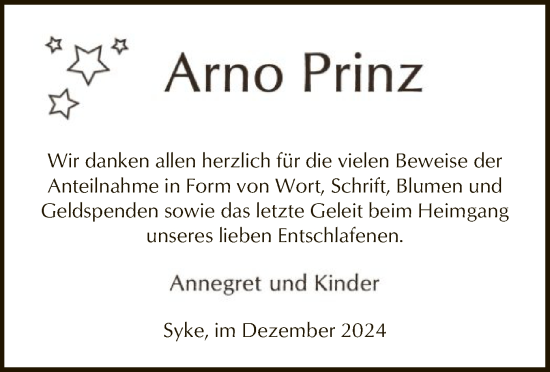 Traueranzeige von Arno Prinz von SYK