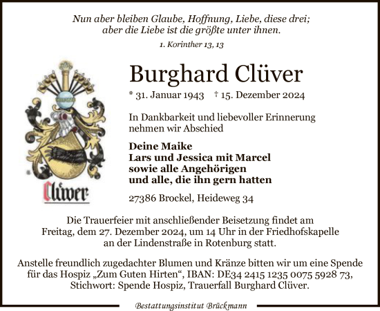 Traueranzeige von Burghard Clüver von SYK