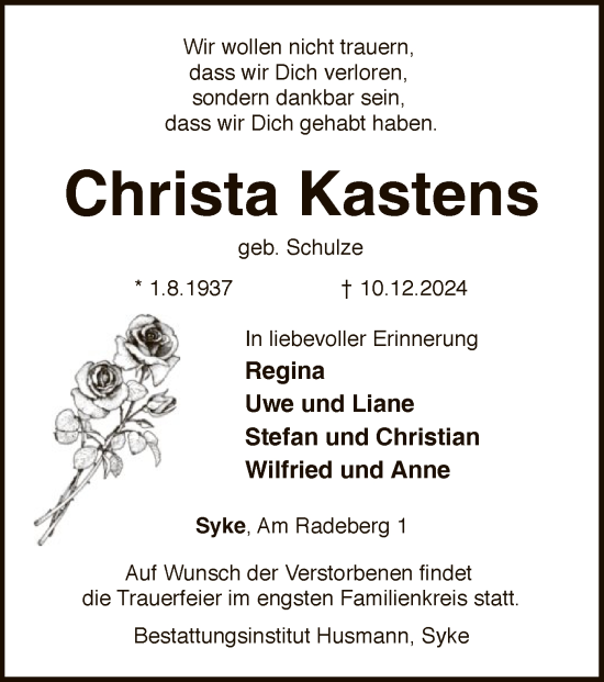 Traueranzeige von Christa Kastens von SYK