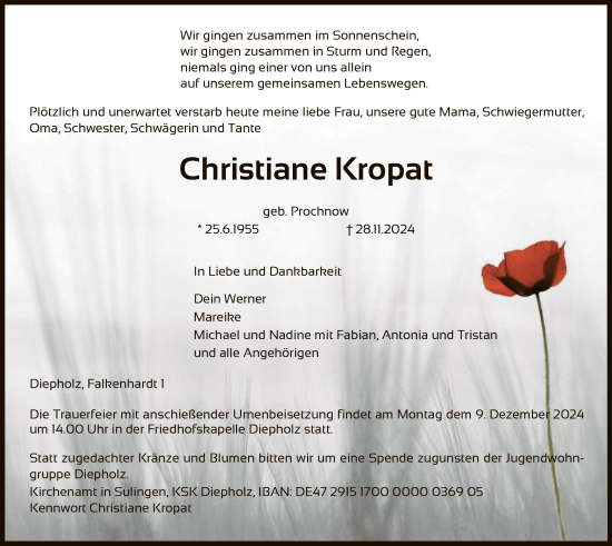 Traueranzeige von Christiane Kropat von SYK