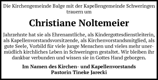 Traueranzeige von Christiane Noltemeier von SYK