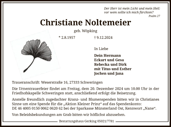 Traueranzeige von Christiane Noltemeier von SYK