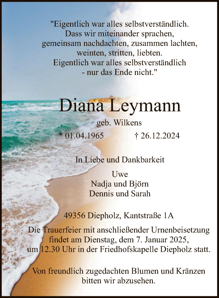  Traueranzeige für Diana Leymann vom 31.12.2024 aus SYK