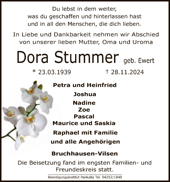 Traueranzeige von Dora Stummer von SYK