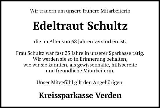 Traueranzeige von Edeltraut Schultz von SYK