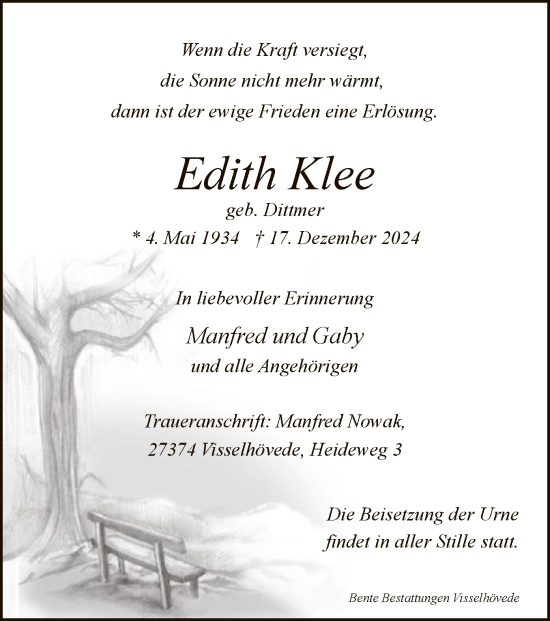 Traueranzeige von Edith Klee von SYK