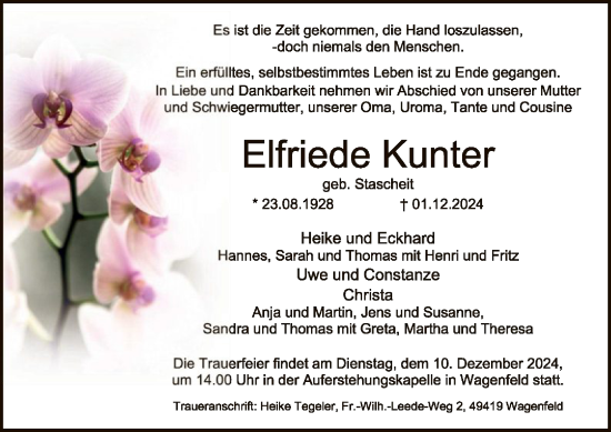 Traueranzeige von Elfriede Kunter von SYK