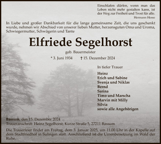 Traueranzeige von Elfriede Segelhorst von SYKSYK