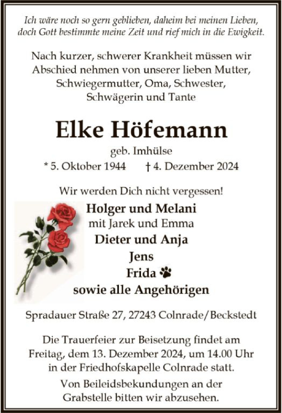 Traueranzeige von Elke Höfemann von SYKSYK