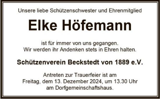 Traueranzeige von Elke Höfemann von SYKSYK