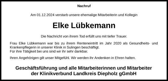 Traueranzeige von Elke Lübkemann von SYK