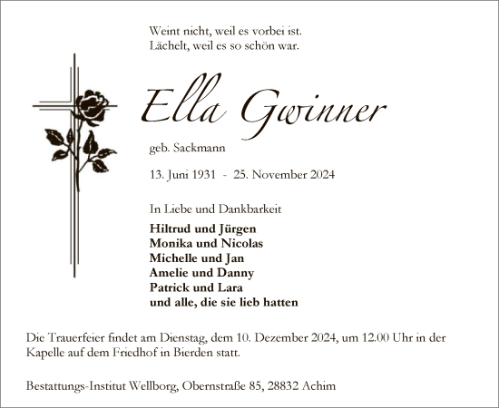 Traueranzeige von Ella Gwinner von SYK