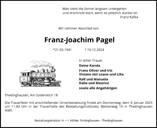 Traueranzeige von Franz-Joachim Pagel von SYK